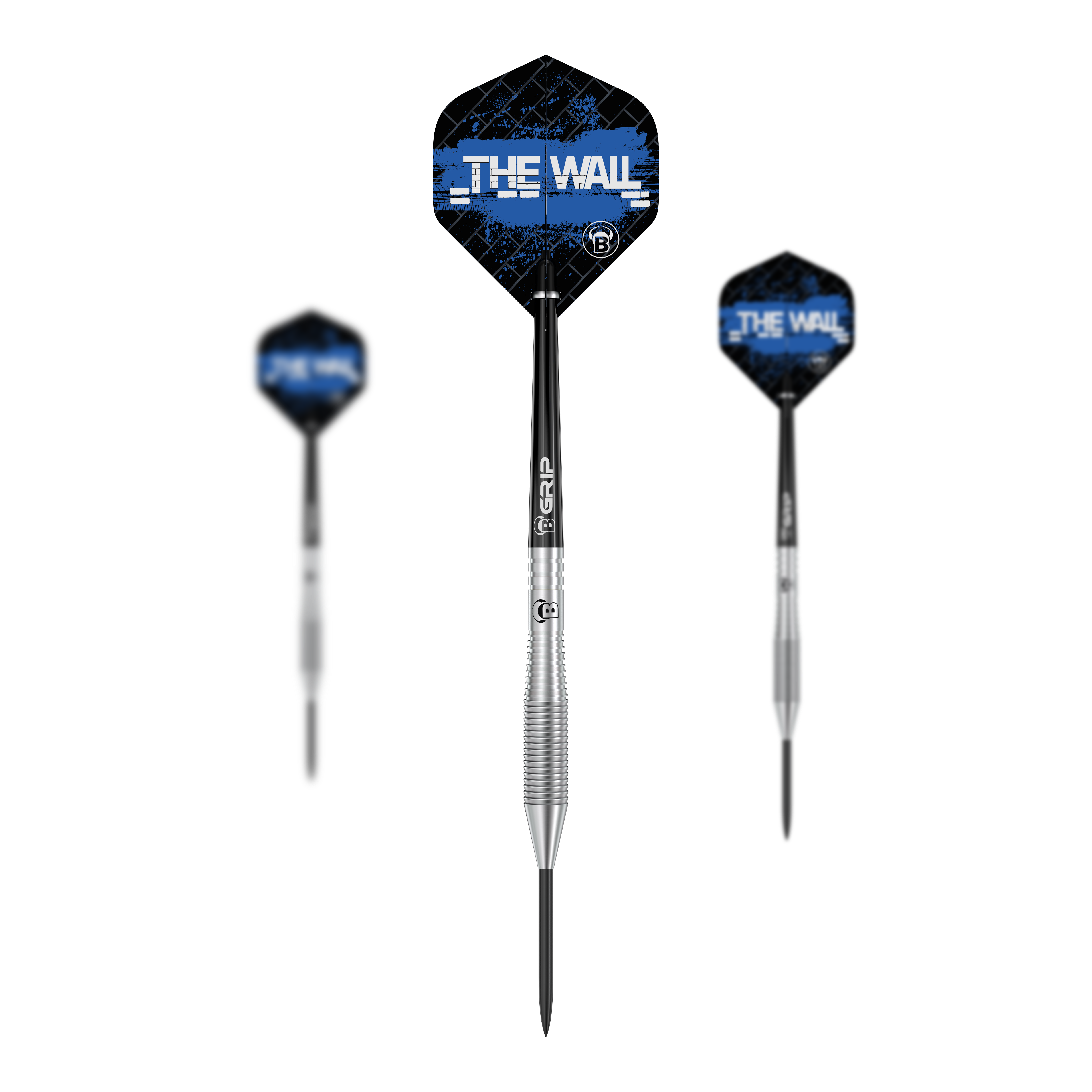 Auf dem Bild sind drei Steeldarts des Modells "Bulls Martin Schindler TW80" zu sehen. Die Flights sind schwarz-blau und tragen den Schriftzug "THE WALL".